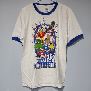 Disney Marvel Comics Super Heroes Ringer Tee White Blue XL Kids Short Sleeve